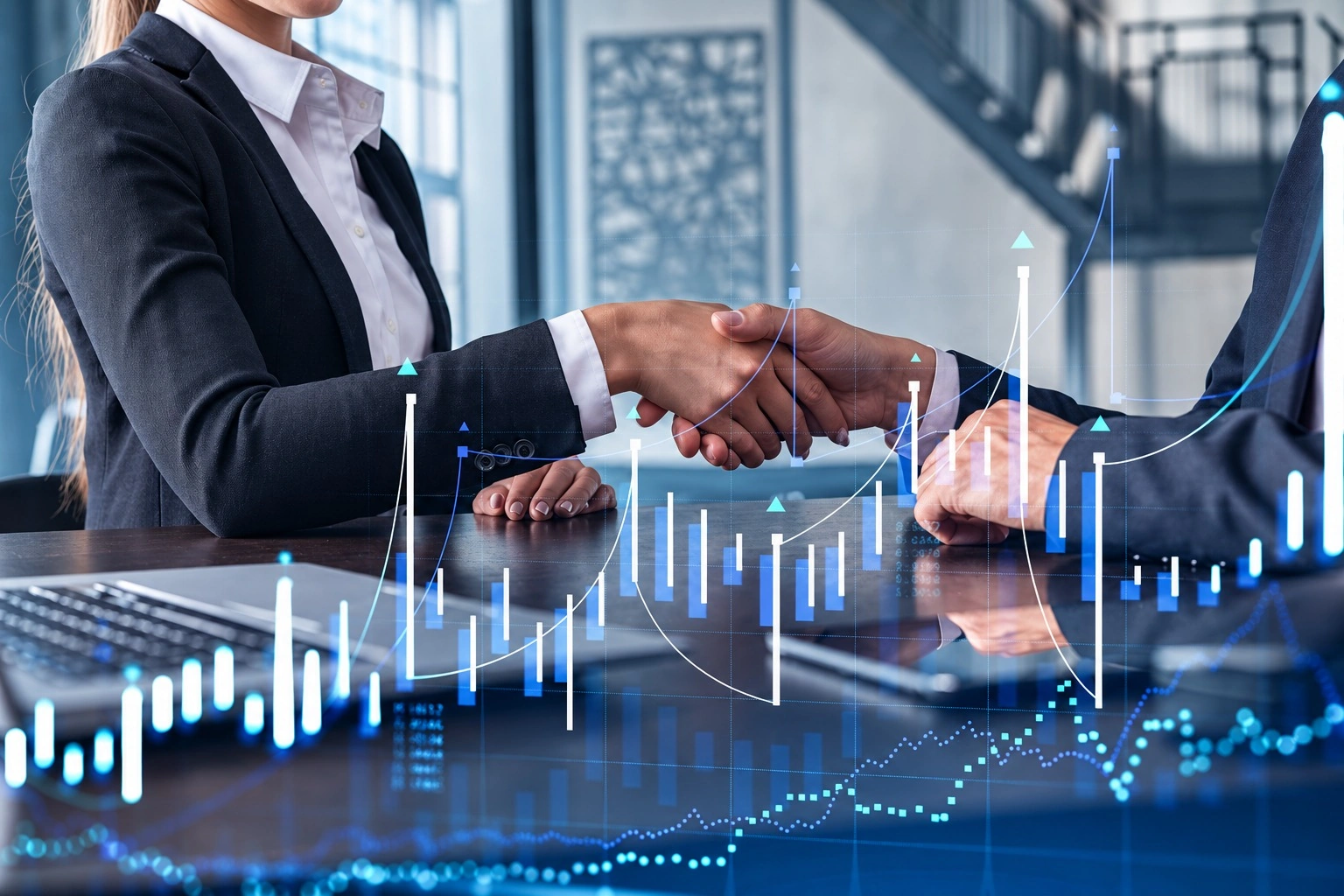 Two business professionals shaking hands across a desk, with an illustrative financial chart overlay.